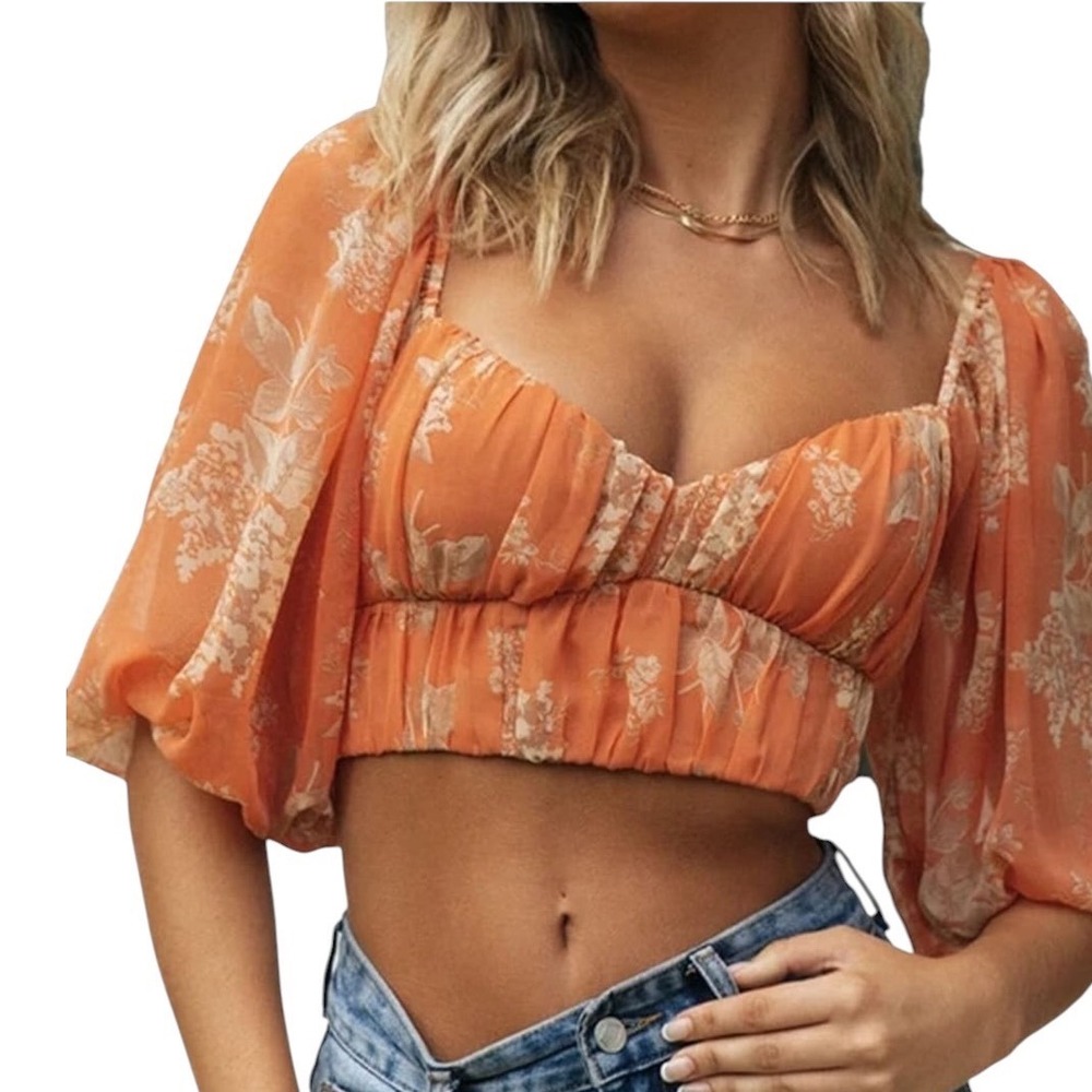 Hello Molly Flowy Sleeve Bustier Crop Top Orange Floral Fairy Romantic Size XS